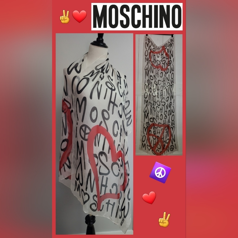 Moschino Peace Love Letters Graffiti Logo Silk Wrap Long Scarf White Black Red